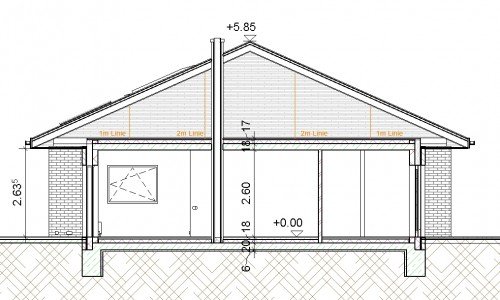 Darstellung  des Bungalows in einer bemaßten 2D Schnittansicht